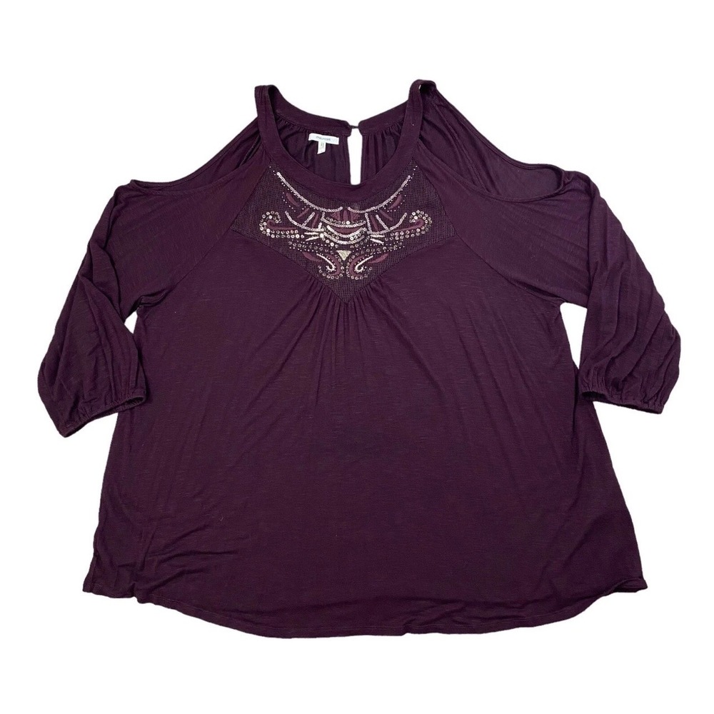 Maurices Top Size 2 Plus 2X Plum Purple Cold Shoulder Embellished Sequin Mesh